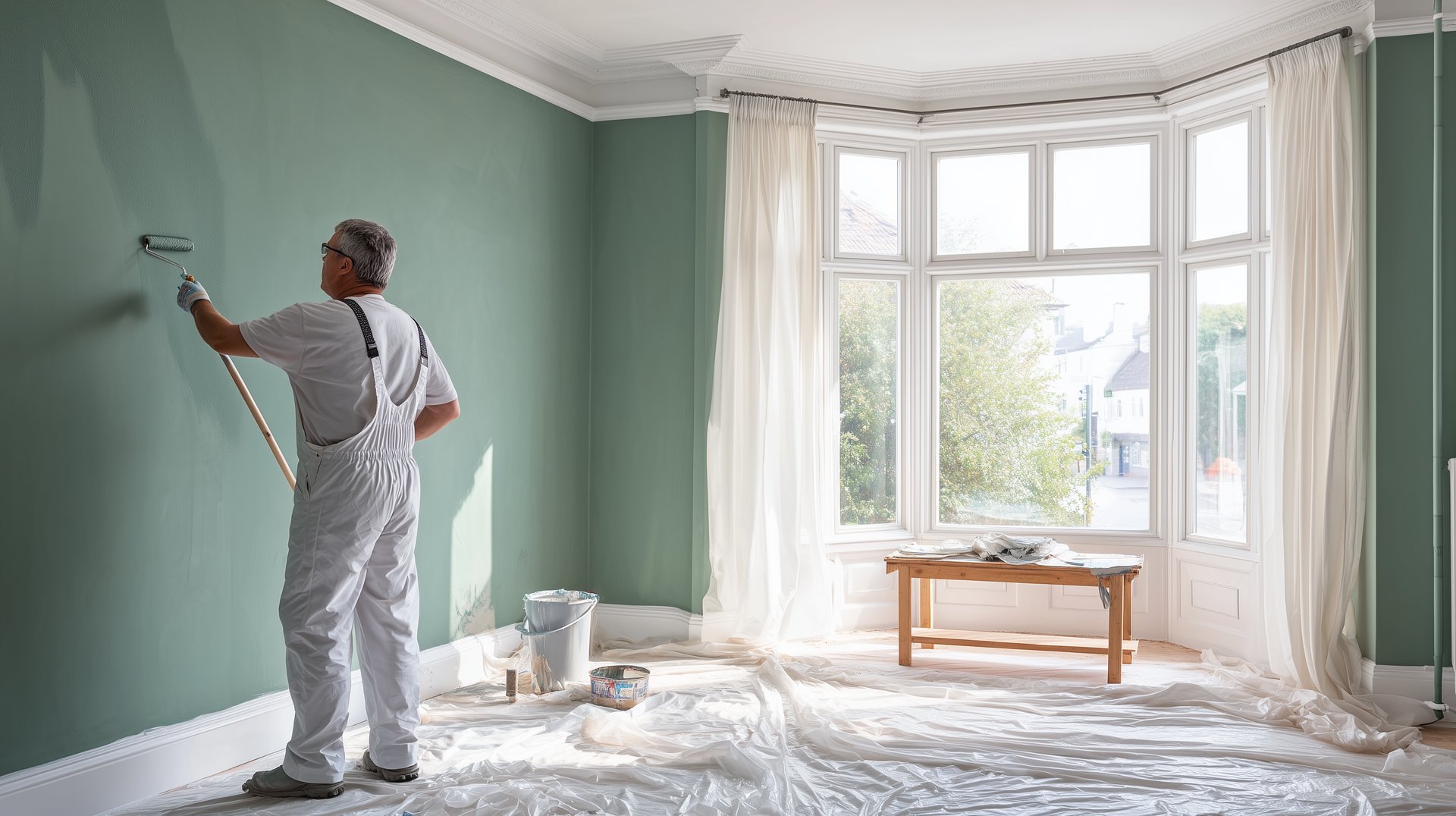 Professional painter applying sage green paint to interior living room wall with perfect cutting-in technique