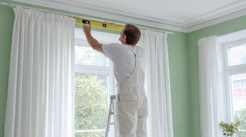 Professional tradesman installing curtain rail above window in freshly decorated Surrey living room, showing finishing touches that complete the decorating project