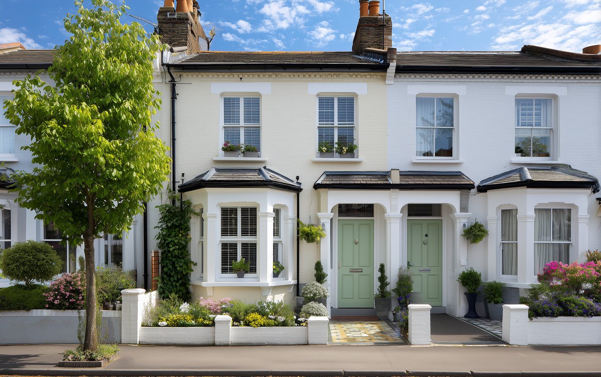 Exterior painting of Victorian house in Caterham with freshly painted white walls and sage green front door