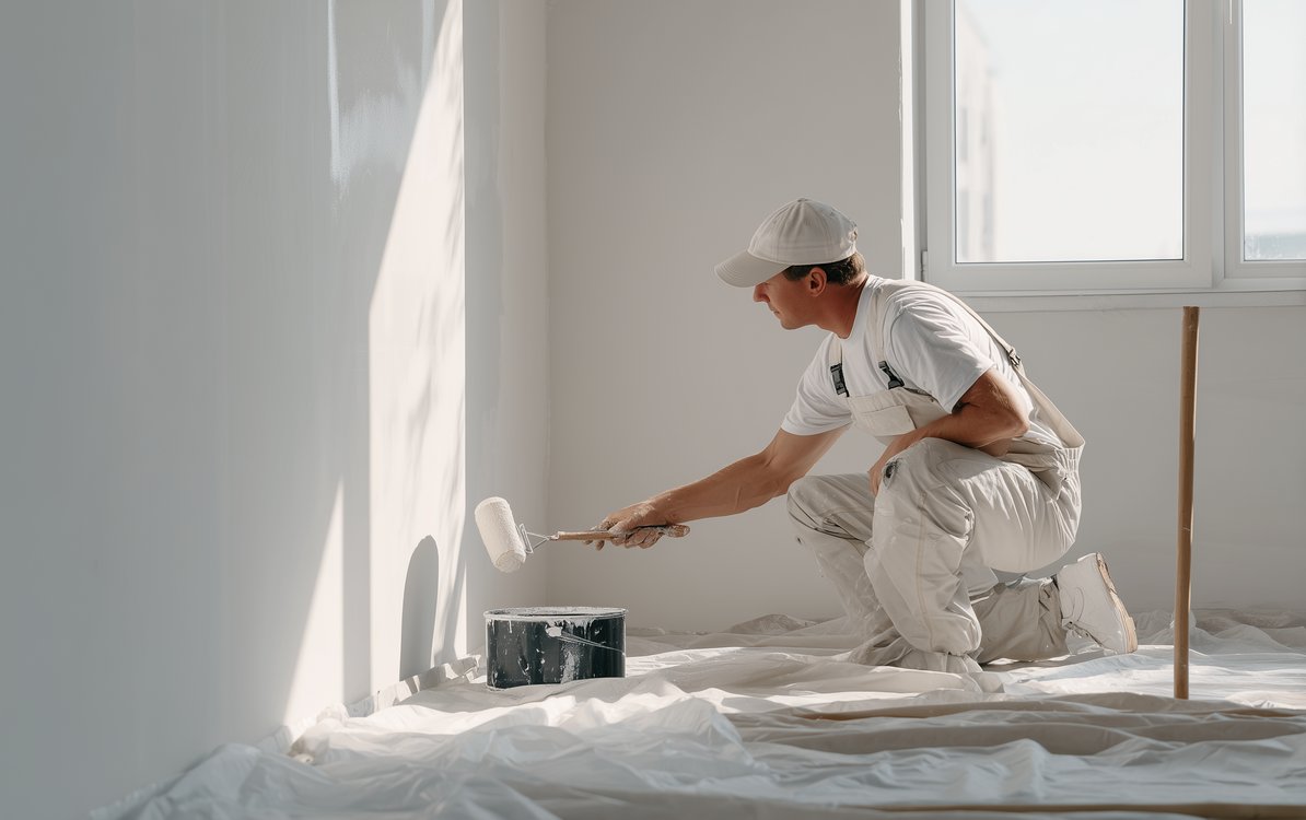 Interior painting of living room in Croydon showing sage green walls with white skirting boards and perfect cutting-in