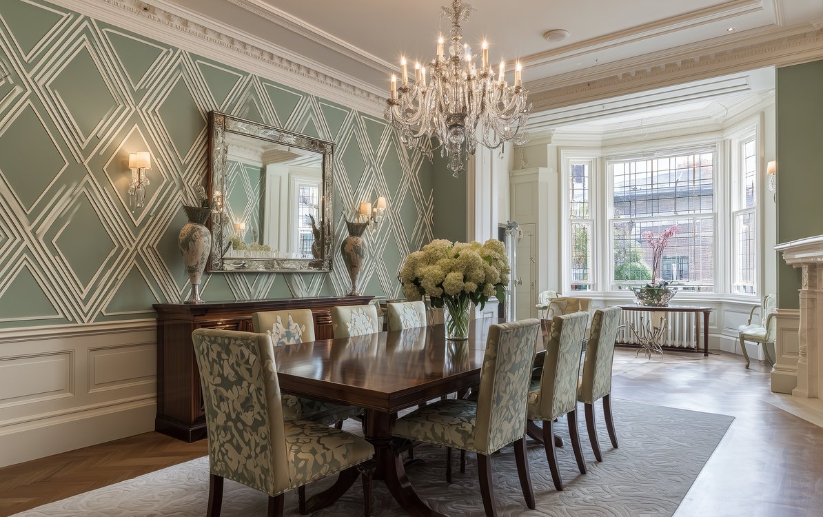 Wallpapering project in Purley showing elegant dining room with designer striped feature wall