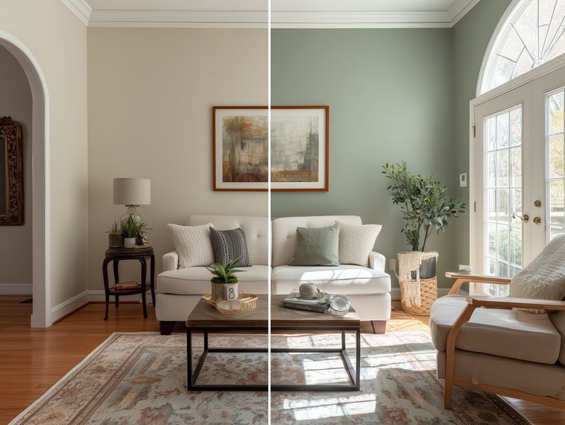 Interior painting project in Croydon — sage green living room walls with white skirting boards and woodwork