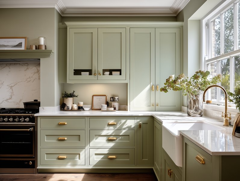 Kitchen cabinet painting in Purley — freshly painted white cabinets with sage green island