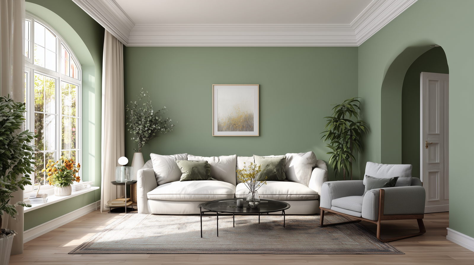 Flawless interior painting result with sage green walls and white woodwork in Surrey living room