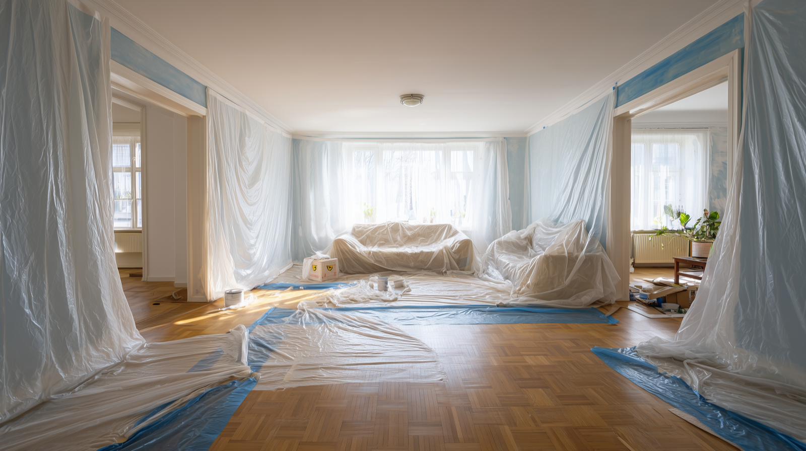 Professional preparation with dust sheets protecting furniture and floors before painting in Surrey home