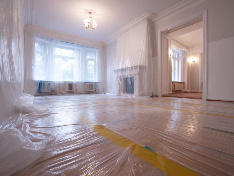 Professional floor and furniture protection with dust sheets and masking tape before painting